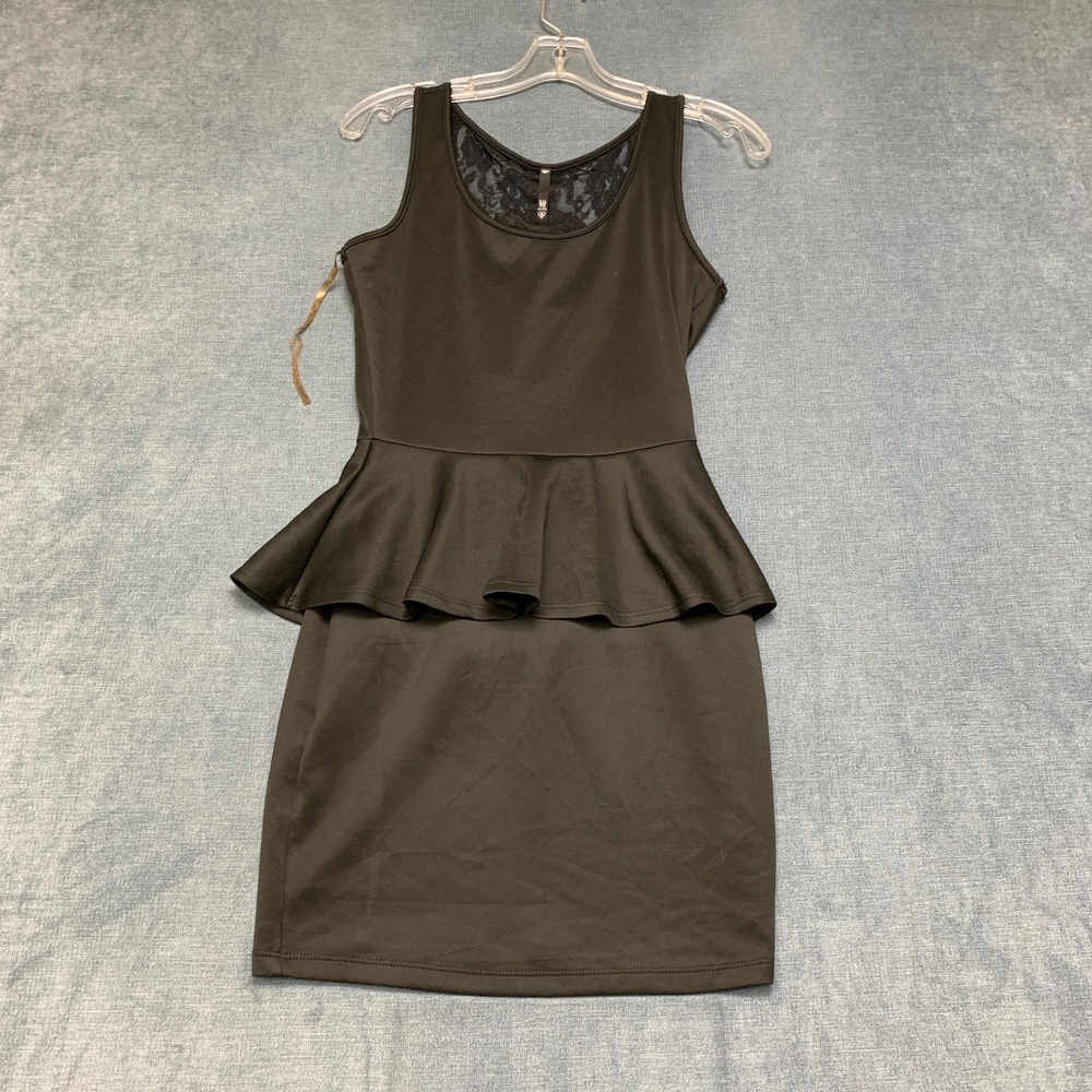 Love Culture Peplum Mini Dress Womens M Black Sleeveless Back Bow Lace Detail